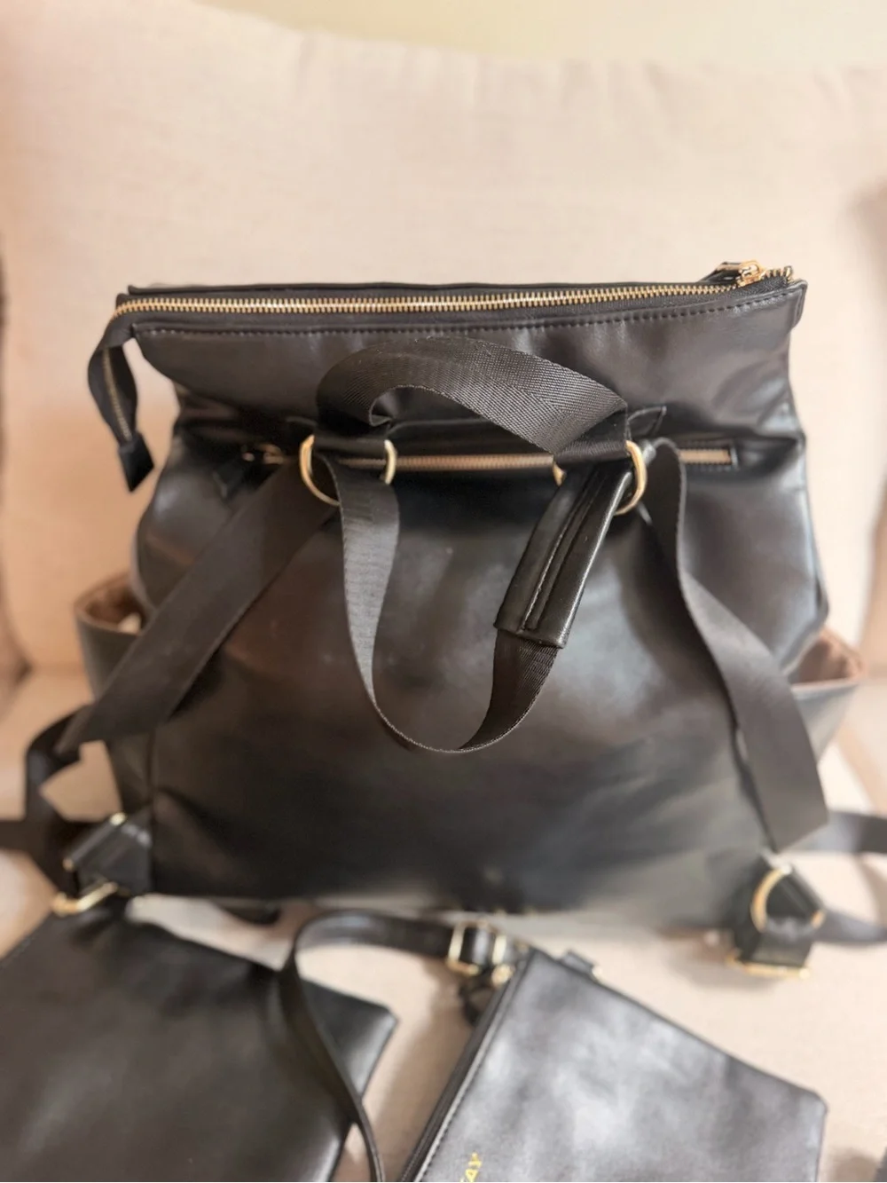 Mina Kay Black Leather Backpack with Matching crossbody and Pouche